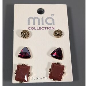 MIA Collection 3 Pair Red Gold‎ Tone Stud Earrings Set Triangle Rhinestone